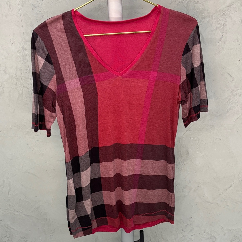 Burberry Women's V-Neck Plaid Top - Red and Pink •REVERSIBLE